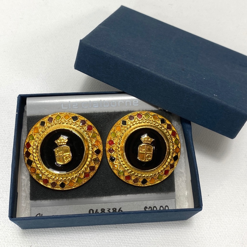 Vtg Liz Claiborne Large Gold Tone Round Harlequin Earrings Clip-Ons 1.5" Goth
